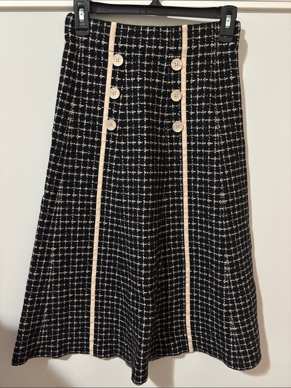 Black and Cream Tweed A-Line Skirt with Button Detail